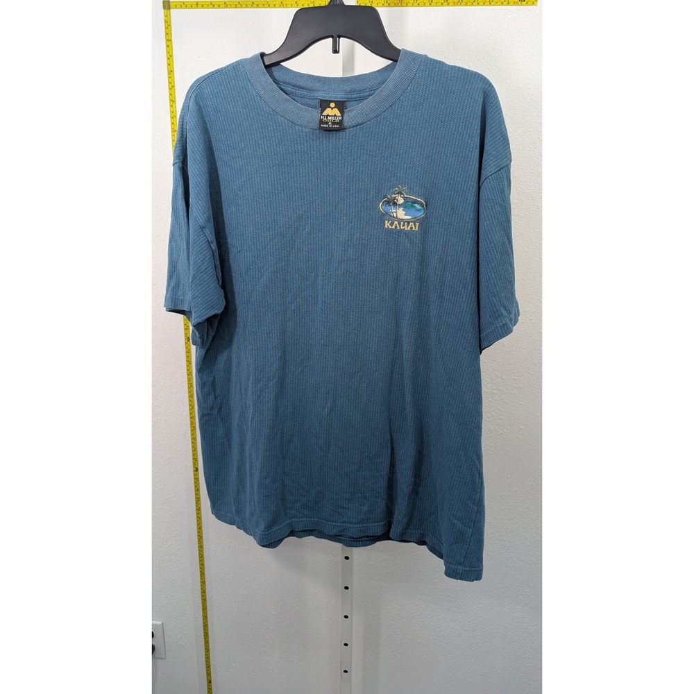 Vintage HL Miller Gold Kauai Hawaii Waffle Knit T-Shirt Blue Mens XL Made in USA